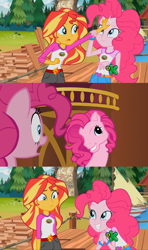 Size: 1366x2304 | Tagged: safe, edit, edited screencap, screencap, character:pinkie pie, character:sunset shimmer, episode:too many pinkie pies, equestria girls:legend of everfree, g3, g4, my little pony: equestria girls, my little pony: friendship is magic, my little pony:equestria girls, clone, comic, discovery kids, g3 faic, g4 to g3, generation leap, pinkie clone, screencap comic, sunset sees things