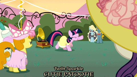 Size: 480x270 | Tagged: safe, edit, edited screencap, screencap, character:bon bon, character:carrot top, character:eclair créme, character:golden harvest, character:perfect pace, character:rarity, character:sweetie drops, character:twilight sparkle, episode:sweet and elite, g4, my little pony: friendship is magic, adorkable, animated, birthday dress, blep, boss subtitles, clothing, cute, dancing, do the sparkle, dork, dress, eyes closed, parody, raised hoof, raised leg, the legend of zelda, tongue out