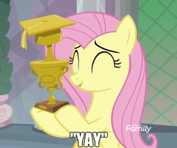 Size: 520x436 | Tagged: safe, edit, edited screencap, screencap, character:fluttershy, species:pegasus, species:pony, episode:non-compete clause, episode:teacher of the month, g4, my little pony: friendship is magic, cropped, cute, female, mare, meme, shyabetes, solo, trophy, yay