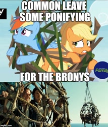 Size: 500x585 | Tagged: safe, edit, edited screencap, screencap, character:applejack, character:rainbow dash, episode:non-compete clause, g4, my little pony: friendship is magic, discovery family logo, logo, misspelling, pirates of the caribbean, vine