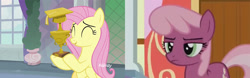 Size: 1096x341 | Tagged: safe, edit, edited screencap, screencap, character:cheerilee, character:fluttershy, species:earth pony, species:pegasus, species:pony, episode:crusaders of the lost mark, episode:non-compete clause, episode:teacher of the month, g4, my little pony: friendship is magic, cheerilee is unamused, cute, discovery family logo, eyes closed, female, happy, hoof hold, mare, open mouth, shyabetes, smiling, trophy, unamused