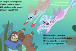 Size: 960x640 | Tagged: safe, edit, edited screencap, screencap, character:ocellus, character:silverstream, character:yona, species:seapony (g4), species:yak, episode:non-compete clause, g4, my little pony: friendship is magic, asphyxiation, call upon the sea ponies, cloven hooves, cropped, disguise, disguised changeling, drowning, female, helmet, lyrics, misspelling, rescue, river, seapony ocellus, seaweed, shoo be doo, song reference, text, trio, underwater
