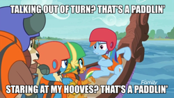 Size: 1080x608 | Tagged: safe, edit, edited screencap, screencap, character:gallus, character:rainbow dash, character:smolder, character:yona, species:pony, episode:non-compete clause, g4, my little pony: friendship is magic, boat, helmet, image macro, lifejacket, meme, oar, paddling, the simpsons, threat, threatening