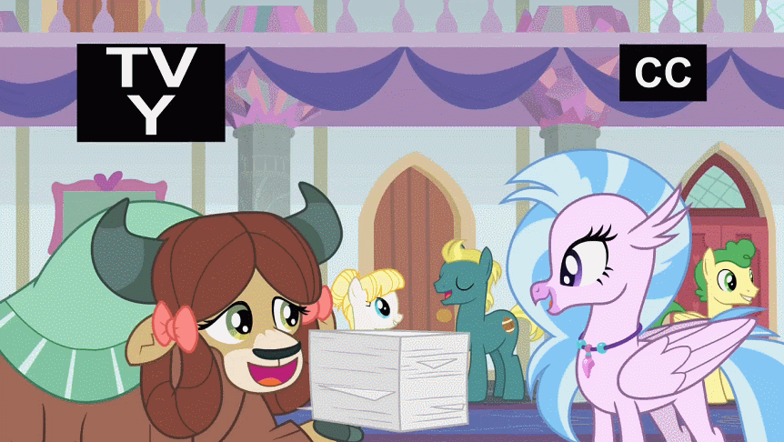 Size: 862x486 | Tagged: safe, edit, edited screencap, screencap, character:end zone, character:huckleberry, character:rainbow dash, character:silverstream, character:summer breeze, character:yona, species:classical hippogriff, species:earth pony, species:hippogriff, species:pegasus, species:pony, species:yak, episode:non-compete clause, g4, my little pony: friendship is magic, animated, bow, cloven hooves, end zone, female, friendship student, hair bow, hair bun, jewelry, loop, male, mare, necklace, paper, school of friendship, stallion, tv-y