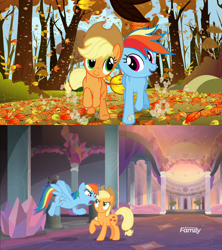 Size: 1280x1440 | Tagged: safe, edit, edited screencap, screencap, character:applejack, character:rainbow dash, species:pony, episode:fall weather friends, episode:non-compete clause, g4, my little pony: friendship is magic, comparison, duo, ending, hypocritical humor, non-compete clause drama, running of the leaves