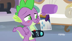 Size: 1280x720 | Tagged: safe, edit, edited screencap, screencap, character:rarity, character:spike, species:dragon, ship:sparity, episode:non-compete clause, g4, my little pony: friendship is magic, my little pony: the movie (2017), blushing, cropped, discovery family logo, exploitable meme, female, male, meme, photo, plot, rearity, shipping, smiling, solo, spike's photo, straight, that was fast
