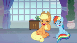 Size: 1280x720 | Tagged: safe, edit, edited screencap, screencap, character:applejack, character:rainbow dash, species:earth pony, species:pegasus, species:pony, episode:non-compete clause, g4, my little pony: friendship is magic, animated, beavis, beavis and butthead, butthead, clothing, cowboy hat, daimando is going to hell, duo, faec, female, happy, hat, laughing, laughingmares.jpg, mare, sound, webm