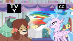 Size: 1280x720 | Tagged: safe, edit, edited screencap, screencap, character:end zone, character:huckleberry, character:rainbow dash, character:silverstream, character:summer breeze, character:yona, species:classical hippogriff, species:earth pony, species:hippogriff, species:pegasus, species:pony, species:yak, episode:non-compete clause, g4, my little pony: friendship is magic, animated, bow, cloven hooves, end zone, female, friendship student, hair bow, hair bun, jewelry, loop, male, mare, necklace, paper, perfect loop, school of friendship, sound, stallion, tv-y, webm