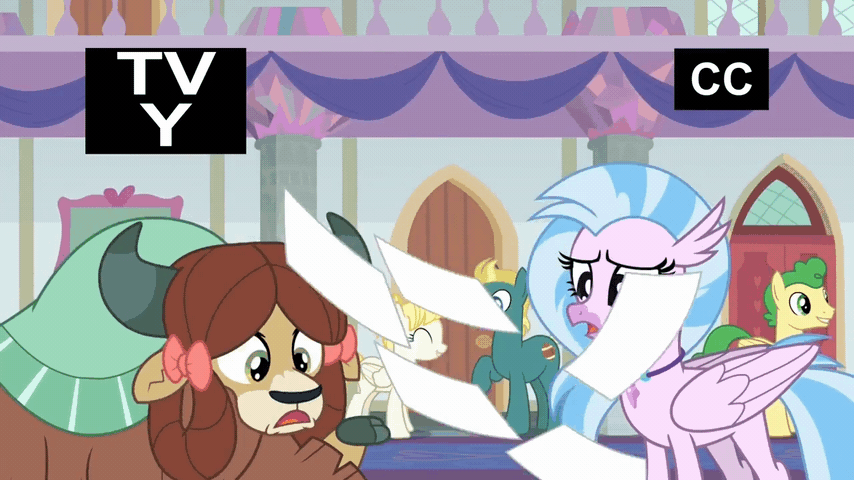 Size: 854x480 | Tagged: safe, edit, edited screencap, screencap, character:end zone, character:huckleberry, character:rainbow dash, character:silverstream, character:summer breeze, character:yona, species:classical hippogriff, species:earth pony, species:hippogriff, species:pegasus, species:pony, species:yak, episode:non-compete clause, g4, my little pony: friendship is magic, animated, bow, cloven hooves, end zone, female, friendship student, hair bow, hair bun, jewelry, loop, male, mare, necklace, paper, perfect loop, school of friendship, stallion, tv-y