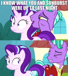 Size: 1800x2000 | Tagged: safe, edit, edited screencap, screencap, character:firelight, character:starlight glimmer, species:pony, episode:the parent map, g4, duo, firelight's confession, implied sex, implied starburst, implied sunburst, meme