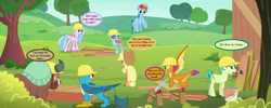 Size: 1280x512 | Tagged: safe, edit, edited screencap, screencap, character:applejack, character:gallus, character:ocellus, character:rainbow dash, character:sandbar, character:silverstream, character:smolder, character:yona, episode:non-compete clause, g4, my little pony: friendship is magic, apple, apple tree, applejack's hat, boards, clothing, cowboy hat, cropped, dialogue, food, hard hat, hat, paint, paintbrush, pun, sawhorse, sawing, shed, speech bubble, student six, sweet apple acres, text, that hippogriff sure does love stairs, tree
