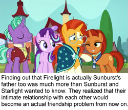 Size: 619x532 | Tagged: safe, edit, edited screencap, screencap, character:firelight, character:starlight glimmer, character:stellar flare, character:sunburst, species:pony, episode:the parent map, g4, false, implied incest, nudge, one eye closed, ponestrip, smug, wink