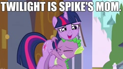 Size: 1280x720 | Tagged: safe, edit, edited screencap, screencap, character:spike, character:twilight sparkle, character:twilight sparkle (unicorn), species:dragon, species:pony, species:unicorn, episode:the crystal empire, g4, my little pony: friendship is magic, headcanon, hug, image macro, mama twilight, meme, mother, mother's day, spike's family