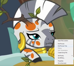 Size: 726x652 | Tagged: safe, edit, edited screencap, screencap, character:zecora, species:pony, species:zebra, episode:a health of information, g4, my little pony: friendship is magic, :t, bed, branches, cropped, female, mare, meme, pun, sick, solo, swamp fever, this will end in tears and/or death, tree branch, windows, windows 10, zecora's hut