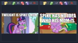 Size: 474x264 | Tagged: safe, edit, edited screencap, screencap, character:spike, character:twilight sparkle, character:twilight sparkle (unicorn), species:dragon, species:pony, species:unicorn, derpibooru, episode:dragon quest, episode:the crystal empire, g4, my little pony: friendship is magic, crying, happy, headcanon, hug, image macro, juxtaposition, mama twilight, meme, meta, mother, mother's day, sad, spike's family