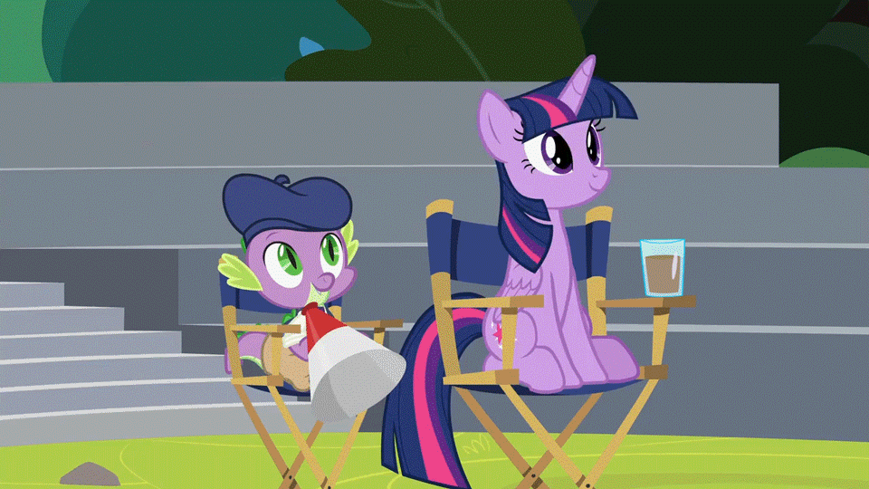 Size: 960x540 | Tagged: safe, edit, edited screencap, screencap, character:spike, character:twilight sparkle, character:twilight sparkle (alicorn), species:alicorn, species:pony, episode:horse play, g4, my little pony: friendship is magic, animated, chair, chocolate, chocolate milk, everything is ruined, exploitable meme, eyeroll, gif, megaphone, meme, milk, pleased, pure unfiltered evil, sitting, smug, spilled milk, text, unamused