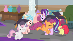 Size: 1600x900 | Tagged: safe, edit, edited screencap, screencap, character:apple bloom, character:cozy glow, character:scootaloo, character:starlight glimmer, character:sweetie belle, species:earth pony, species:pegasus, species:pony, species:unicorn, episode:marks for effort, g4, my little pony: friendship is magic, a better ending for cozy, adorabloom, clothing, cute, cutealoo, cutie mark crusaders, diasweetes, excited, female, filly, graduation cap, happy, hat, mare, open mouth, prancing