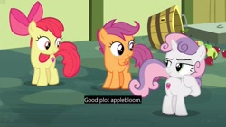 Size: 1920x1080 | Tagged: safe, edit, edited screencap, screencap, character:apple bloom, character:scootaloo, character:sweetie belle, species:pegasus, species:pony, episode:marks for effort, g4, my little pony: friendship is magic, caption, captions, cutie mark crusaders, lidded eyes, lost in translation, out of context, translation