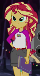 Size: 235x449 | Tagged: safe, edit, edited screencap, screencap, character:flash sentry, character:sunset shimmer, comic:a new change, equestria girls:legend of everfree, g4, my little pony: equestria girls, my little pony:equestria girls, book, camp everfree outfits, cropped, female, hand on butt, legend you were meant to be, lidded eyes, looking at you, pregnant, pregnant edit, solo, teen pregnancy