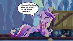 Size: 1280x720 | Tagged: safe, edit, edited screencap, screencap, character:princess cadance, episode:a canterlot wedding, g4, my little pony: friendship is magic, aria, caves, dialogue, dishevelled, eyes closed, female, george frederic handel, handel, italian, lascia ch'io pianga, lyrics, minecart, music notes, open mouth, opera, rinaldo, season 2, singing, solo, song reference, speech bubble, stealth pun, tears of sadness, teary eyes, text, this day aria