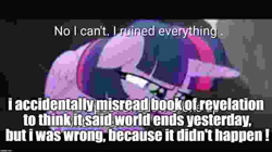Size: 780x438 | Tagged: safe, edit, edited screencap, screencap, character:twilight sparkle, character:twilight sparkle (alicorn), species:alicorn, species:pony, my little pony: the movie (2017), background pony strikes again, bible, book of revelation, christianity, end of the world, female, image macro, lowres, meme, needs more jpeg, no i can't i ruined everything, op didn't even try, op is a duck, op is trying to start shit, religion, solo