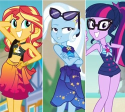 Size: 570x510 | Tagged: safe, edit, screencap, character:sunset shimmer, character:trixie, character:twilight sparkle, character:twilight sparkle (scitwi), species:eqg human, equestria girls:forgotten friendship, g4, my little pony: equestria girls, my little pony:equestria girls, arm behind head, clothing, crossed arms, female, magical trio, sarong, sunglasses, swimsuit