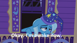Size: 1280x720 | Tagged: safe, edit, edited screencap, screencap, character:trixie, species:pony, species:unicorn, episode:to where and back again, g4, my little pony: friendship is magic, clothing, dialogue, female, hat, image macro, meme, solo, tired, trixie yells at everything, trixie's hat, trixie's wagon