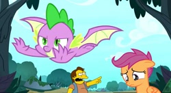 Size: 1118x608 | Tagged: source needed, safe, edit, edited screencap, screencap, character:scootaloo, character:spike, species:pegasus, species:pony, episode:molt down, g4, my little pony: friendship is magic, everyone but scootaloo can fly, nelson muntz, scootabuse, scootaloo can't fly, the simpsons, winged spike
