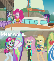 Size: 1280x1440 | Tagged: safe, edit, edited screencap, screencap, character:applejack, character:fluttershy, character:pinkie pie, character:rainbow dash, character:rarity, character:twilight sparkle, character:twilight sparkle (scitwi), species:eqg human, episode:blue crushed (a.k.a baewatch), episode:the salty sails, g4, my little pony: equestria girls, my little pony:equestria girls, beach, belly button, boat, chart, clothing, geode of fauna, geode of shielding, geode of sugar bombs, geode of super speed, geode of super strength, geode of telekinesis, hat, humane five, humane six, lifejacket, map, meanwhile, midriff, rash guard, sails, sarong, surfboard, swimsuit, trunk