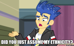 Size: 575x360 | Tagged: safe, edit, edited screencap, screencap, character:flash sentry, episode:a banner day, equestria girls:friendship games, g4, my little pony: equestria girls, my little pony:equestria girls, image macro, male, meme, social justice warrior, solo