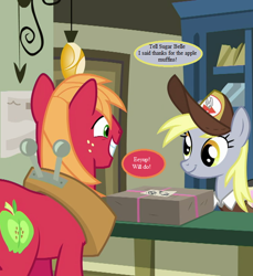 Size: 660x720 | Tagged: safe, edit, edited screencap, screencap, character:big mcintosh, character:derpy hooves, episode:the break up break down, clothing, cropped, dialogue, hat, horse collar, implied sugar belle, mailmare hat, parcel, post office, speech bubble, text