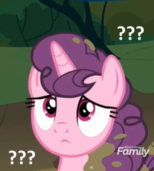 Size: 490x546 | Tagged: safe, edit, edited screencap, screencap, character:sugar belle, species:pony, species:unicorn, episode:the break up break down, :<, confused, confused nick young, cropped, cute, dirty, discovery family logo, female, looking up, mare, meme, question mark, reaction image, solo