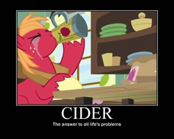 Size: 750x600 | Tagged: safe, edit, edited screencap, screencap, character:big mcintosh, species:earth pony, species:pony, episode:the break up break down, cider, crying, drinking, eyes closed, hoof hold, male, motivational poster, mug, solo, stallion, tankard