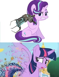 Size: 1136x1478 | Tagged: safe, edit, edited screencap, screencap, character:starlight glimmer, character:twilight sparkle, character:twilight sparkle (alicorn), species:alicorn, species:pony, angry, disintegration, gravity gun, imminent death, looking at you, simple background, vector, white background, zero point energy field manipulator