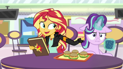 Size: 1280x720 | Tagged: safe, edit, edited screencap, screencap, character:starlight glimmer, character:sunset shimmer, species:pony, episode:marks for effort, equestria girls:mirror magic, g4, my little pony: equestria girls, my little pony: friendship is magic, my little pony:equestria girls, spoiler:eqg specials, :i, book, burger, chair, empathy cocoa, faec, female, floppy ears, food, geode of empathy, glowing horn, guidance counselor, hamburger, i mean i see, jewelry, journal, magical geodes, mare, raised eyebrow, smiling, storefront, table, television, tray