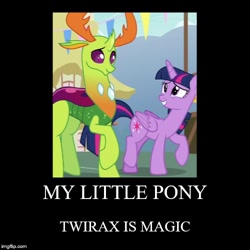 Size: 500x500 | Tagged: safe, edit, edited screencap, screencap, character:thorax, character:twilight sparkle, character:twilight sparkle (alicorn), species:alicorn, species:changeling, species:pony, species:reformed changeling, ship:twirax, episode:triple threat, g4, my little pony: friendship is magic, caption, cropped, female, imgflip, looking at each other, male, meme, ponyville, raised hoof, shipping, size difference, smiling, straight, text