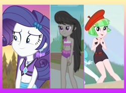 Size: 1381x1024 | Tagged: safe, edit, edited screencap, screencap, character:drama letter, character:octavia melody, character:rarity, character:watermelody, episode:lost and found, episode:turf war, episode:x marks the spot, g4, my little pony: equestria girls, my little pony:equestria girls, clothing, female, geode of shielding, magical geodes, swimsuit, trio, trio female