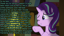 Size: 1280x720 | Tagged: safe, edit, edited screencap, screencap, character:starlight glimmer, episode:the parent map, g4, book, drama, female, image macro, lamp, library, meme, mouthpiece, one eye closed, op has a point, pointing, sire's hollow, smiling, solo, starlight drama, starlight drama drama, starlight drama drama drama, text, wink