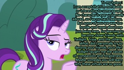 Size: 1280x720 | Tagged: safe, edit, edited screencap, screencap, character:starlight glimmer, episode:the parent map, g4, bush, drama, female, image macro, looking away, meme, mouthpiece, raised hoof, sire's hollow, solo, starlight drama, starlight drama drama, text, unamused