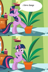 Size: 475x710 | Tagged: safe, edit, edited screencap, screencap, character:twilight sparkle, character:twilight sparkle (unicorn), species:pony, species:unicorn, episode:green isn't your color, g4, my little pony: friendship is magic, anchorman, bipedal, covering mouth, dialogue, dirt, exploitable meme, eyes closed, faec, female, frown, hoof over mouth, hub logo, hubble, i love lamp, looking at you, mare, meme, open mouth, ponyville secrets, pot, potted plant, secret pot meme, solo, speech bubble, text, the hub, wide eyes, yelling