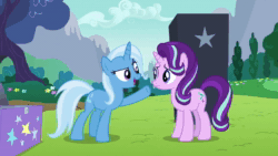 Size: 1280x720 | Tagged: safe, edit, edited screencap, screencap, character:starlight glimmer, character:trixie, species:pony, species:unicorn, episode:no second prances, g4, my little pony: friendship is magic, animated, box, chest, flower, hoofbump, meadow, mountain, sound, stars, tree, webm