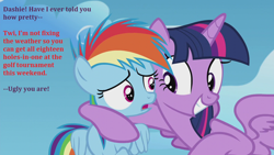 Size: 1280x720 | Tagged: safe, edit, edited screencap, screencap, character:rainbow dash, character:twilight sparkle, character:twilight sparkle (alicorn), species:alicorn, species:pony, ship:twidash, episode:the cutie re-mark, caption, creepy, creepy smile, dialogue, female, filly, filly rainbow dash, gritted teeth, i need an adult, mare, out of context, side hug, smiling, twilest dashle, younger