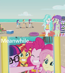 Size: 1280x1440 | Tagged: safe, edit, edited screencap, screencap, character:applejack, character:fluttershy, character:microchips, character:paisley, character:pinkie pie, character:rainbow dash, character:rarity, character:sandalwood, character:starlight, character:sunset shimmer, character:twilight sparkle, character:twilight sparkle (scitwi), species:eqg human, episode:lost and found, episode:unsolved selfie mysteries, g4, my little pony: equestria girls, my little pony:equestria girls, beach, bikini, clothing, floatie, hat, humane five, humane seven, humane six, meanwhile, metal detector, midriff, pier, rash guard, sarong, seaweed, selfie, smiling, starlight, swimsuit, umbrella