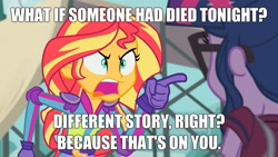 Size: 1920x1080 | Tagged: safe, edit, edited screencap, screencap, character:sunset shimmer, character:twilight sparkle, character:twilight sparkle (scitwi), species:eqg human, equestria girls:friendship games, g4, my little pony: equestria girls, my little pony:equestria girls, angry, exploitable meme, geode of empathy, geode of telekinesis, image macro, jewelry, meme, necklace, peter parker, spider-man: homecoming, sunset yells at twilight, tony stark