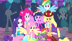 Size: 1920x1080 | Tagged: safe, edit, edited screencap, screencap, character:applejack, character:fluttershy, character:pinkie pie, character:rainbow dash, character:rarity, character:scott green, character:spike, character:twilight sparkle, character:twilight sparkle (alicorn), species:alicorn, species:dog, species:pony, equestria girls:equestria girls, g4, my little pony: equestria girls, my little pony:equestria girls, big crown thingy, breasts, cleavage, element of magic, fall formal outfits, humane five, humane six, jewelry, ponied up, regalia, scott green, spike the dog, tennis match, thunderbass