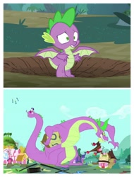 Size: 3106x4096 | Tagged: safe, edit, screencap, character:rarity, character:spike, species:dragon, species:pony, species:unicorn, episode:molt down, episode:secret of my excess, g4, my little pony: friendship is magic, coils, comparison, crater, greed spike, male, spikezilla, spread wings, winged spike, wings