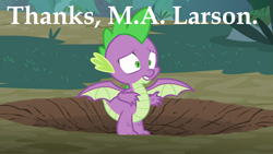 Size: 1280x720 | Tagged: safe, edit, edited screencap, screencap, character:spike, species:dragon, episode:molt down, g4, my little pony: friendship is magic, alidragon, crater, male, meme, solo, spread wings, thanks m.a. larson, winged spike, wings