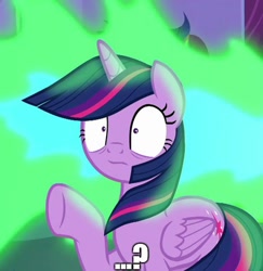 Size: 424x436 | Tagged: safe, edit, edited screencap, screencap, character:twilight sparkle, character:twilight sparkle (alicorn), species:alicorn, species:pony, episode:molt down, g4, my little pony: friendship is magic, cropped, female, fire, fire breath, meep, meme, question mark, windswept mane