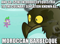 Size: 759x562 | Tagged: safe, edit, edited screencap, screencap, character:spike, species:bird, species:dragon, species:roc, episode:molt down, g4, my little pony: friendship is magic, burned, burnt feathers, charred, duo, flying, image macro, male, meme, misspelling, pun, smoke, solo, wide eyes, winged spike