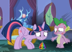 Size: 550x400 | Tagged: safe, edit, edited screencap, screencap, character:spike, character:twilight sparkle, character:twilight sparkle (alicorn), species:alicorn, species:pony, species:unicorn, episode:molt down, g4, my little pony: friendship is magic, emoji, female, mare, poop, rainbow, rainbow poop, stone scales, 💩